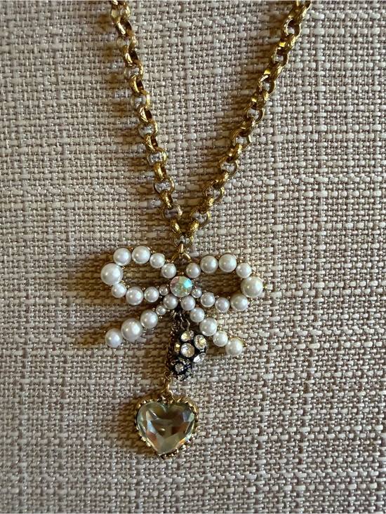 Betsey Johnson Jewelry - Betsey Johnson Gold-Tone Pearl Bow Necklace with Crystal Heart Pendant